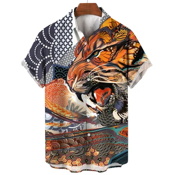Социална риза Ежедневни мъжки ризи 3D животински отпечатани къс ръкав тигър / дракон блуза случайни тениски извънгабаритни мъжки дрехи върховете