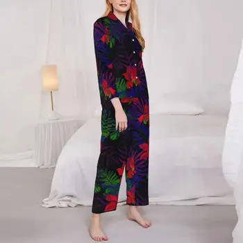 Тропическо флорално спално облекло Пролетни зелени листа Ежедневни извънгабаритни пижама комплекти женски дълъг ръкав ретро стая по поръчка нощно облекло