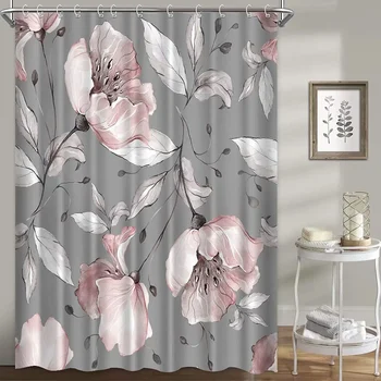 Флорални душ завеси за баня розова роза цвете завеса комплект сив фон полиестерна кърпа прост домашен декор с куки