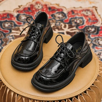 Черна кожа дамски обувки дантела нагоре Оксфорд плоски обувки случайни дами пролетта обувки JK момичета персонализирана обувки плюс размер 43 Zapatillas