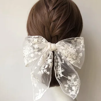 Черно и бяло дантела лък щипка за коса ръчно изработени тежки оверлог празник хипстър duckbill клип за жени детски аксесоари за коса