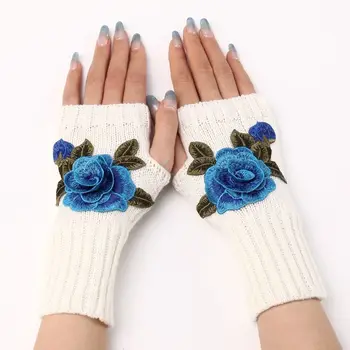 бродирани цветя китката ръкавици мода трикотажни бели черни ръкавици без пръсти готика топли аксесоари лакът ръкавици есен зима