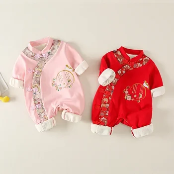 китайски стил костюм за новородено бебе едно парче есен/зима износване реколта бродерия топло Tang костюм бебе деца момичета розов гащеризон