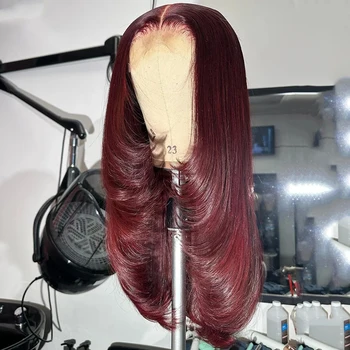 слой прав бордо червен цвят синтетична коса дантела фронтална перука за жени лепило влакна коса прозрачни дантелени перуки