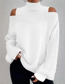 тениска Дамски модни блузи Случайни V-образно деколте студено рамо пачуърк кабел текстурирани дълъг ръкав пуловер отгоре женски есен 2023